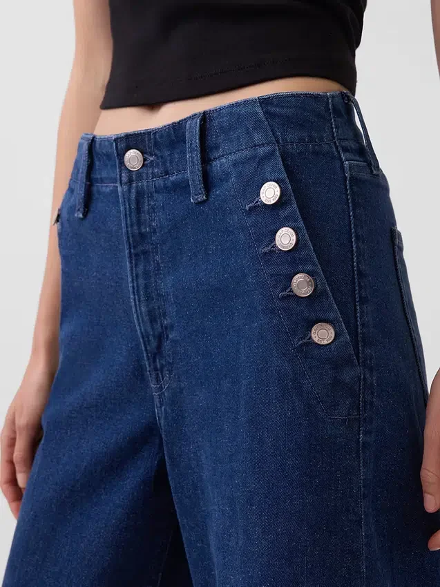 Jeans marin taille haute, coupe large et longueur cheville