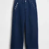 Jeans marin taille haute, coupe large et longueur cheville