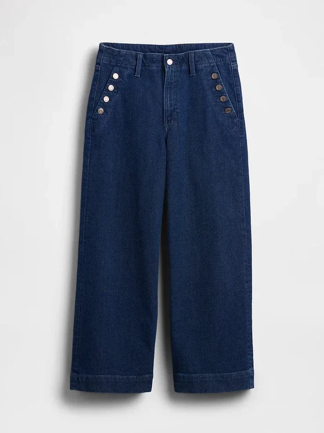 Jeans marin taille haute, coupe large et longueur cheville