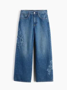 Jeans pour enfant à taille basse, coupe large et motif floral brodé