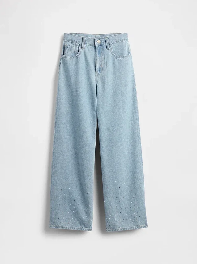 Jeans pour enfant taille basse à jambes larges et strass