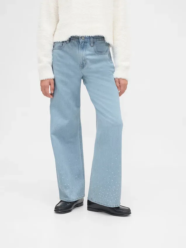 Jeans pour enfant taille basse à jambes larges et strass