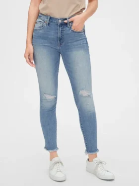 Jeans skinny taille mi-haute, effet vieilli, longueur cheville