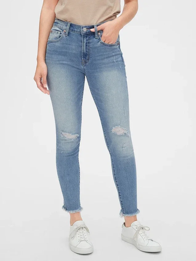 Jeans skinny taille mi-haute, effet vieilli, longueur cheville