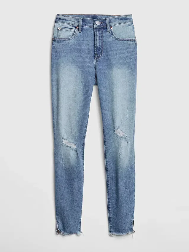 Jeans skinny taille mi-haute, effet vieilli, longueur cheville