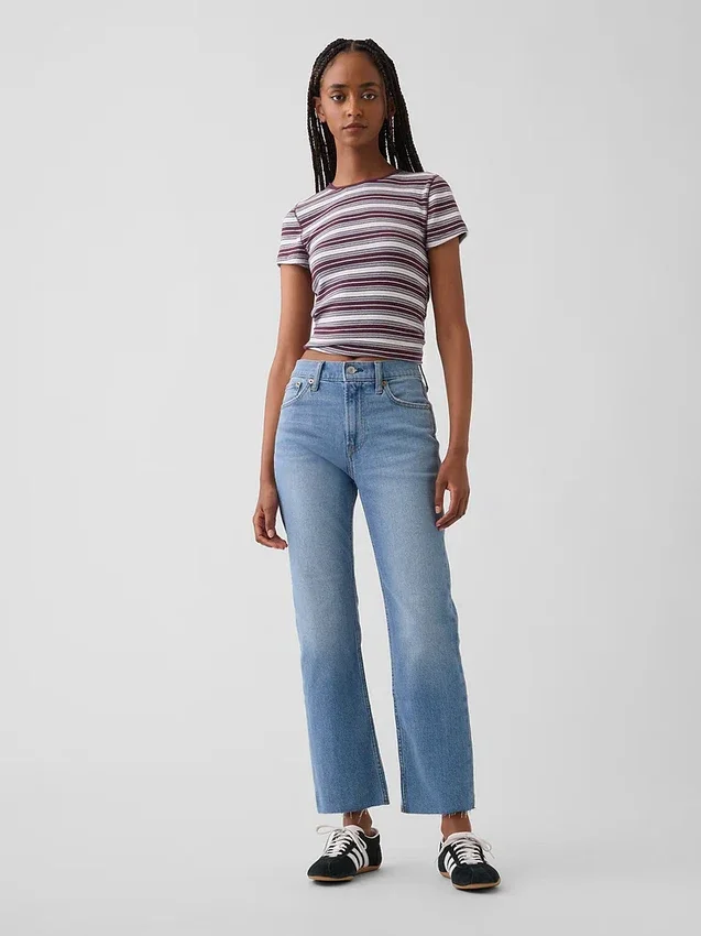 Jeans slim droit court taille haute style années 90