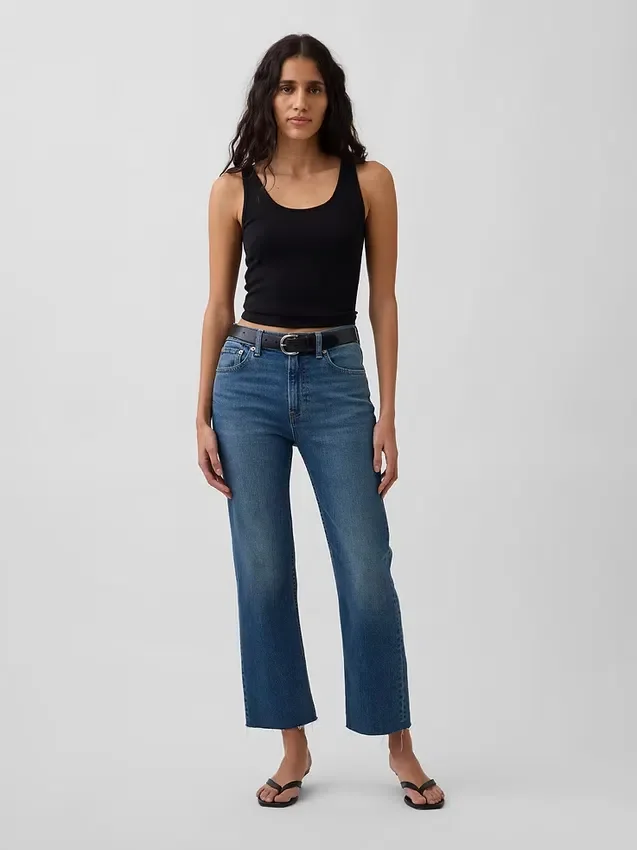 Jeans slim droit court taille haute style années 90
