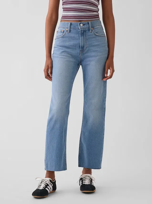 Jeans slim droit court taille haute style années 90