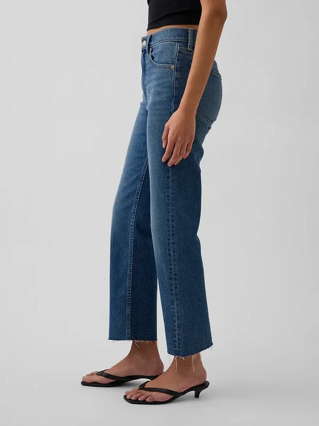 Jeans slim droit court taille haute style années 90
