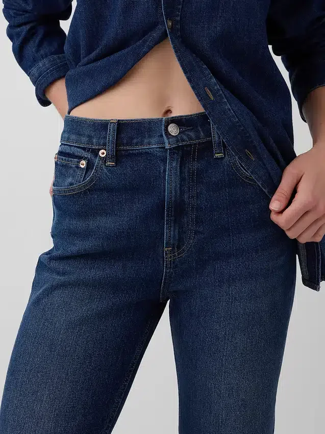 Jeans slim droit court taille haute style années 90