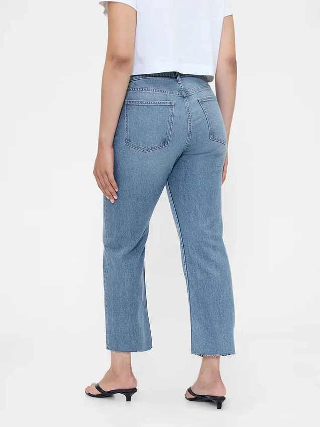 Jeans slim droit court taille haute style années 90
