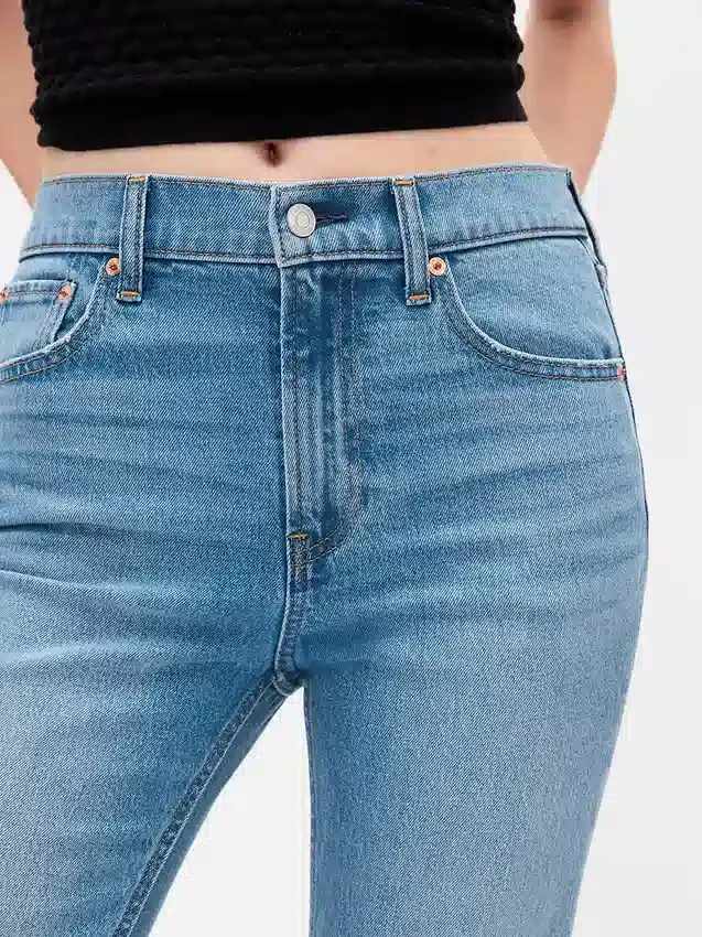Jeans slim droit court taille haute style années 90
