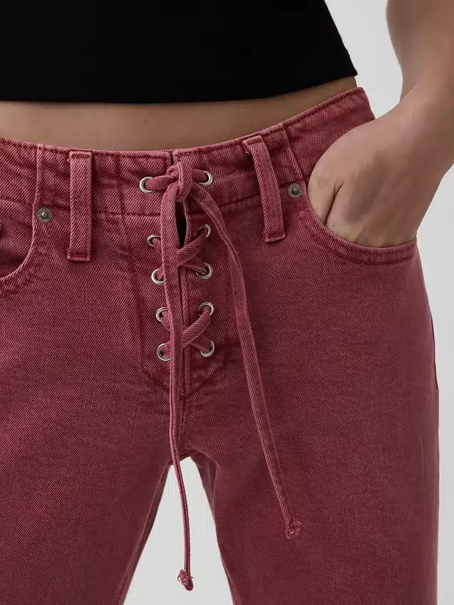 Jeans slim droit taille basse à lacets style années 90