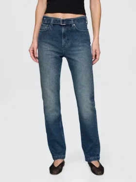 Jeans slim droit taille haute avec ceinture, style années 90