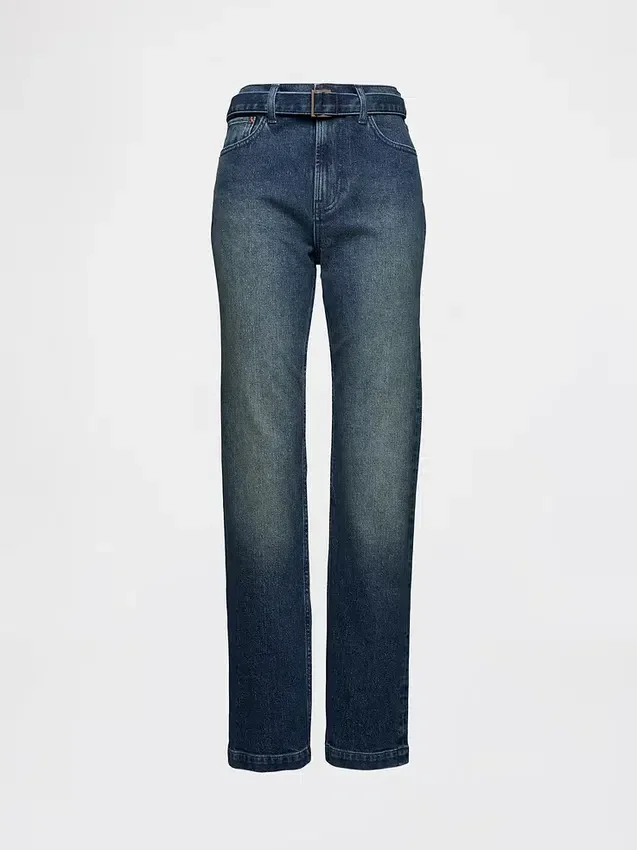 Jeans slim droit taille haute avec ceinture, style années 90