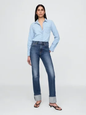 Jeans slim droit taille haute à revers style années 90