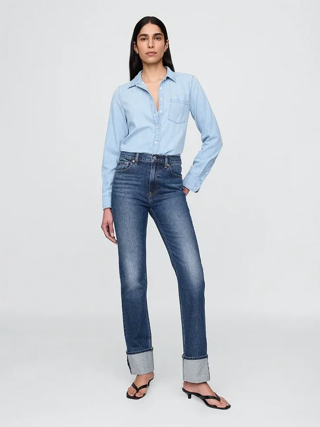 Jeans slim droit taille haute à revers style années 90