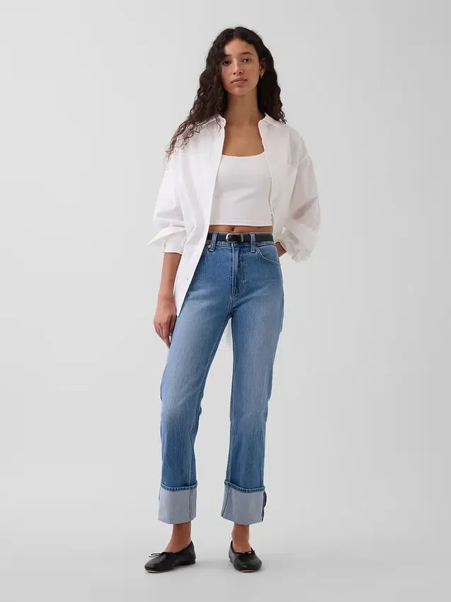 Jeans slim droit taille haute à revers style années 90