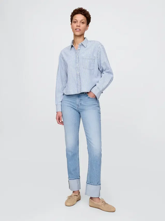 Jeans slim droit taille haute à revers style années 90