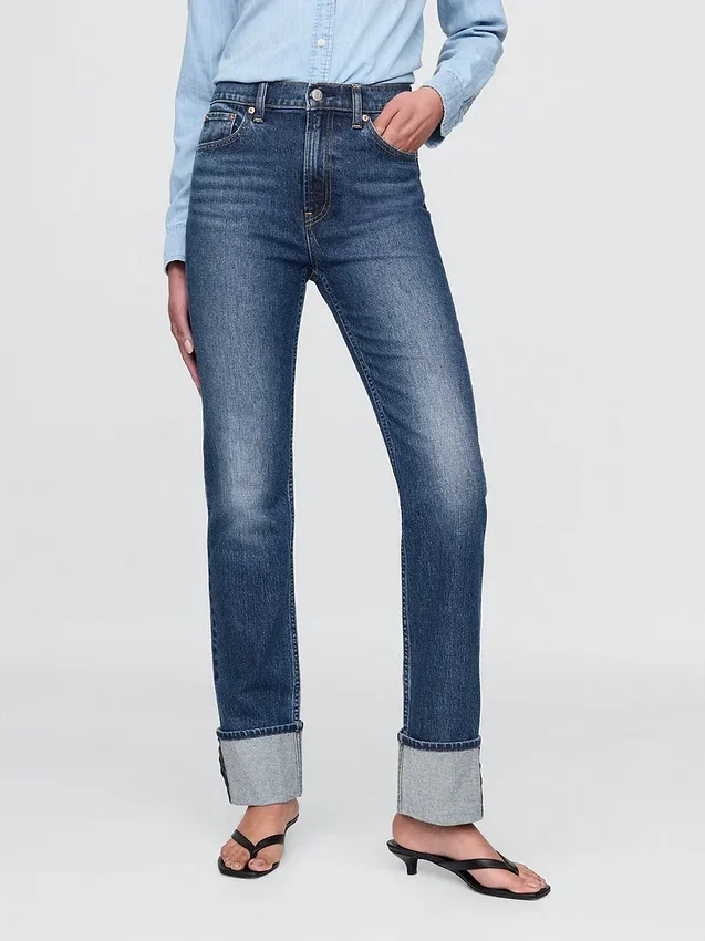 Jeans slim droit taille haute à revers style années 90