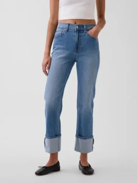 Jeans slim droit taille haute à revers style années 90