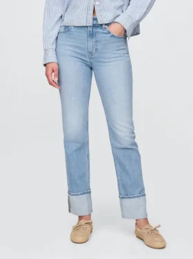 Jeans slim droit taille haute à revers style années 90