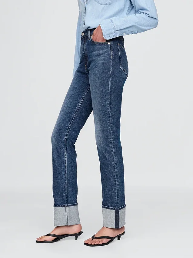 Jeans slim droit taille haute à revers style années 90