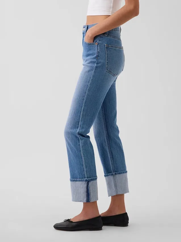 Jeans slim droit taille haute à revers style années 90