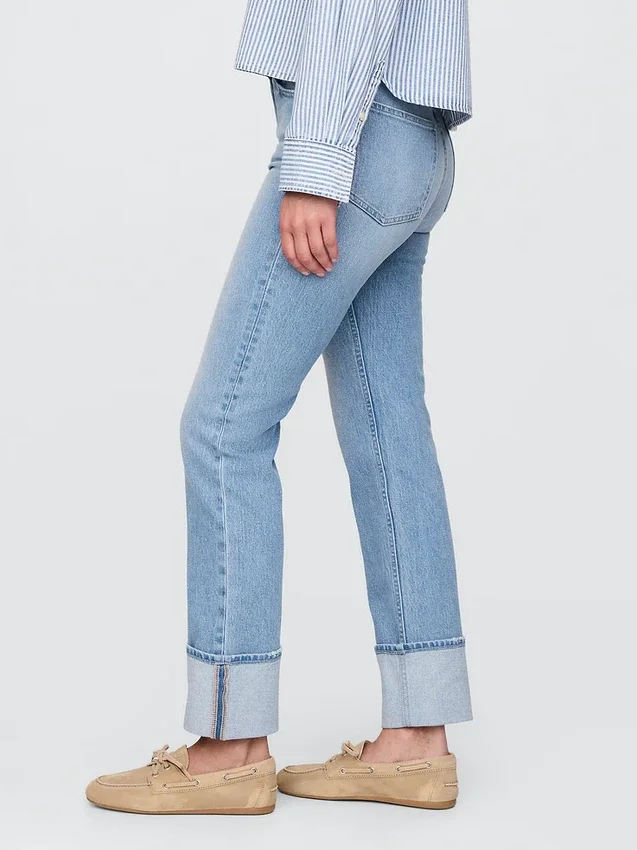 Jeans slim droit taille haute à revers style années 90