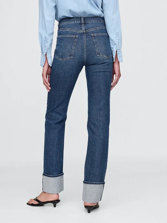 Jeans slim droit taille haute à revers style années 90