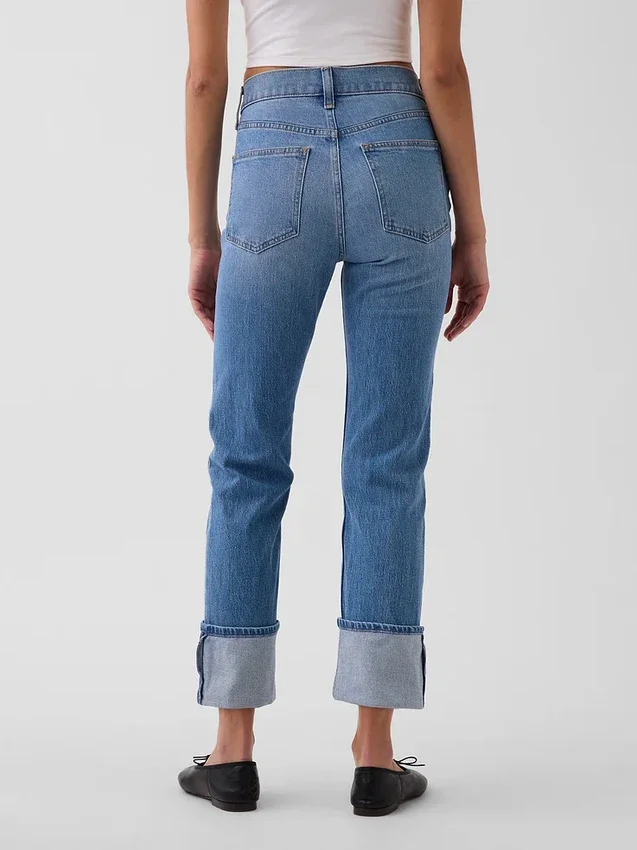 Jeans slim droit taille haute à revers style années 90