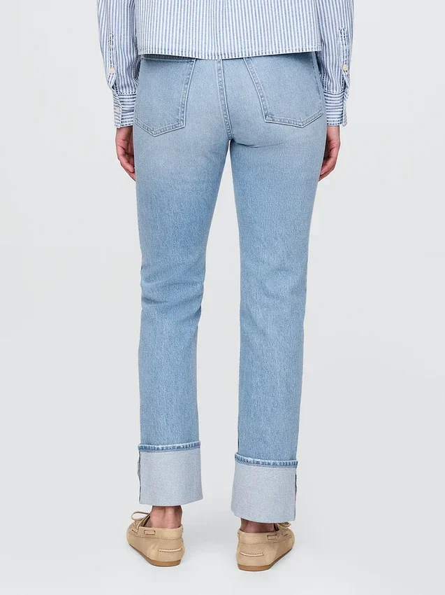 Jeans slim droit taille haute à revers style années 90