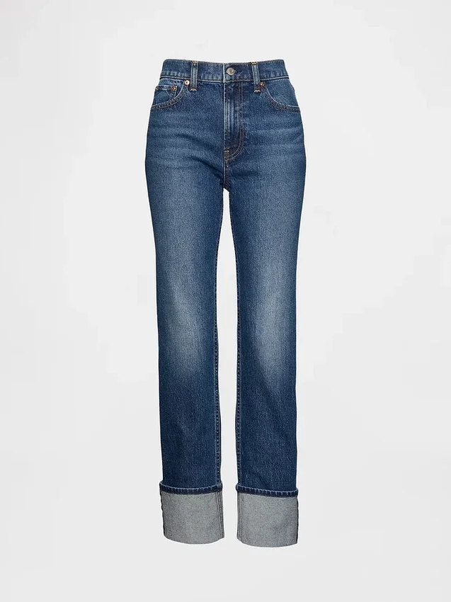 Jeans slim droit taille haute à revers style années 90