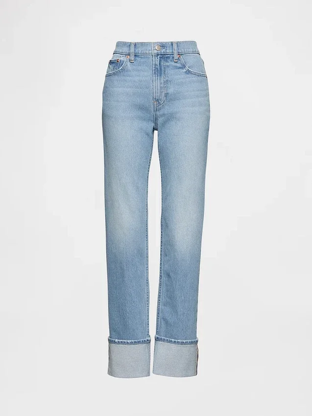 Jeans slim droit taille haute à revers style années 90