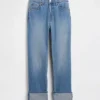 Jeans slim droit taille haute à revers style années 90