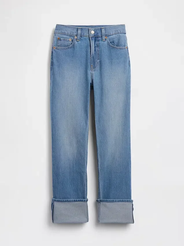 Jeans slim droit taille haute à revers style années 90