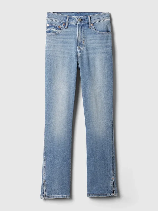 Jeans slim vintage à taille mi-haute et ourlet fendu