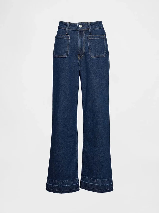 Jeans taille haute à coupe ample et jambes larges, longueur cheville, pour silhouettes rondes
