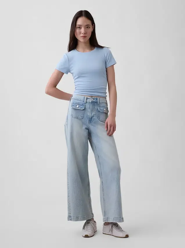 Jeans taille haute à jambes larges et longueur cheville