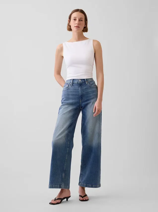 Jeans taille haute à jambes larges et longueur cheville