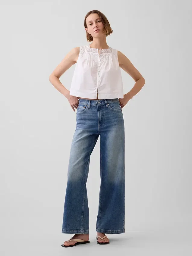 Jeans taille haute à jambes larges et longueur cheville
