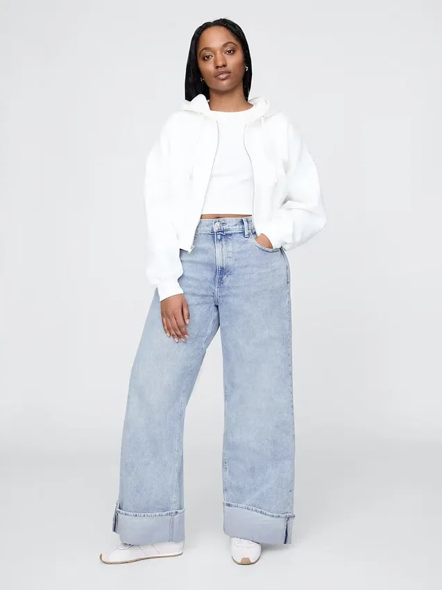 Jeans taille haute à jambes larges et revers