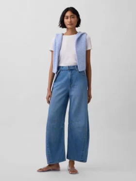 Jeans taille haute ultra-doux à ceinture, coupe en fer à cheval