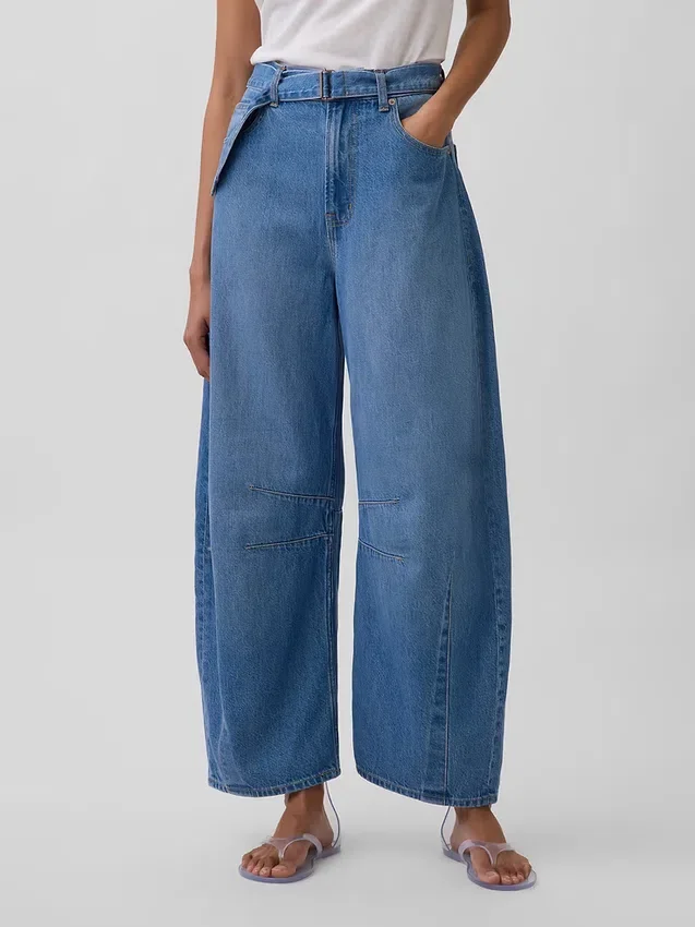 Jeans taille haute ultra-doux à ceinture, coupe en fer à cheval