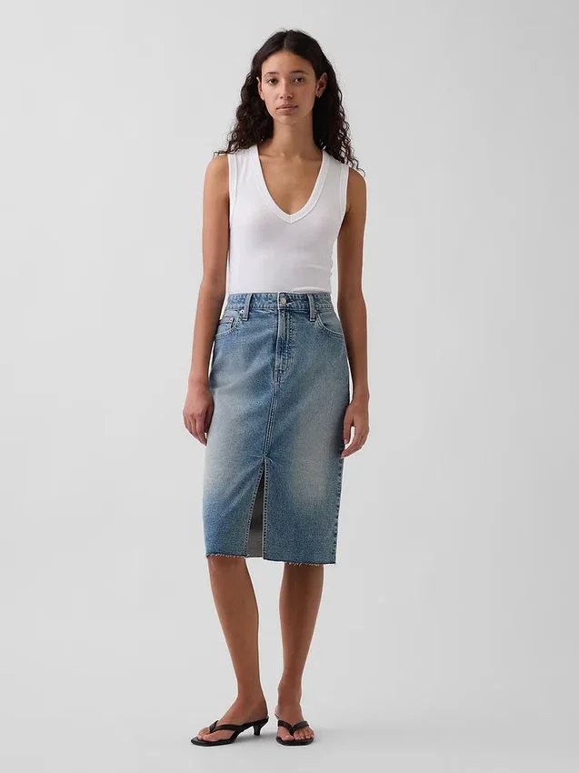 Jupe crayon midi en denim taille haute
