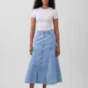 Jupe longue en denim à coutures apparentes et boutons sur le devant
