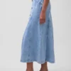 Jupe longue en denim à coutures apparentes et boutons sur le devant