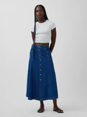 Jupe longue en denim à coutures et boutons sur le devant