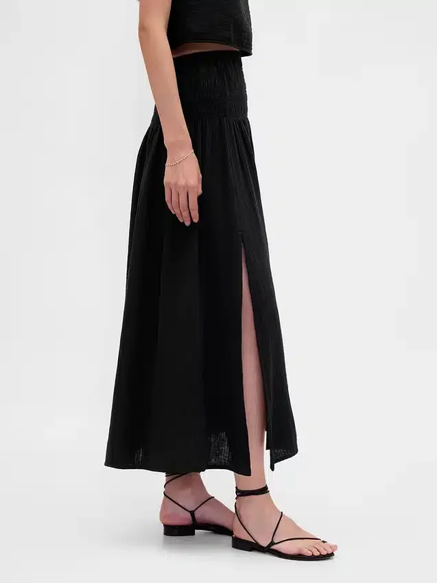 Jupe longue en gaze de coton à taille smockée