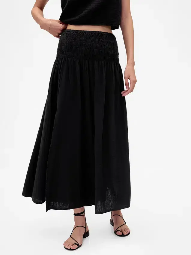 Jupe longue en gaze de coton à taille smockée